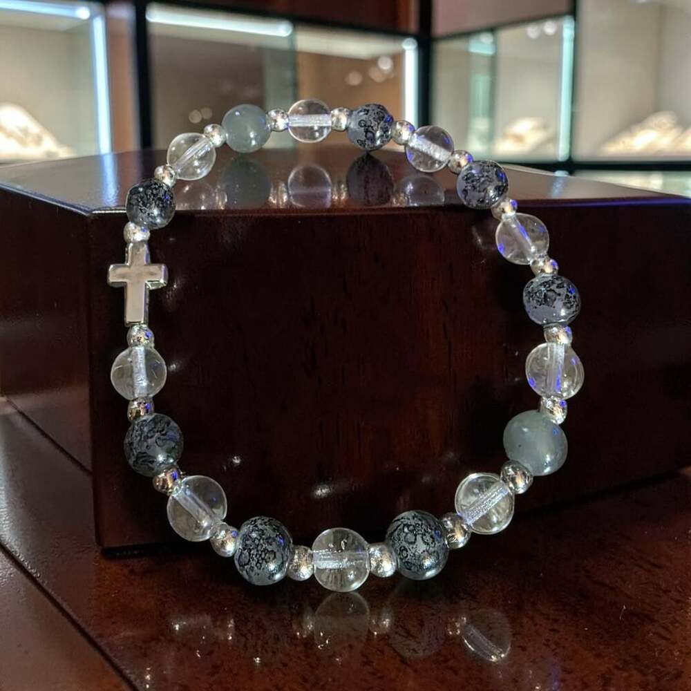 Clear and Crackle Quartz Beaded Stretch Bracelet with Silver-Tone Cross Charm